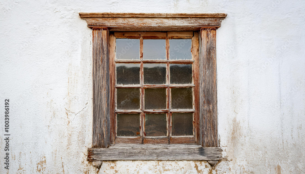 Fototapeta premium Window with weathered wooden frame, rough white cement wall. Natural wood. Building exterior.