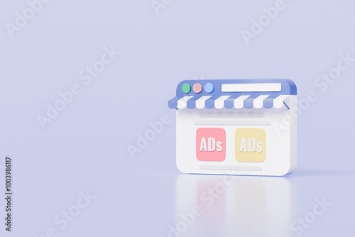 3d Ads website browser icon on isolated purple background. Digital marketing strategy concept. Ads, SEO, Online advertising, website ads, social media campaign. 3d element for UX, UI design. 3d render