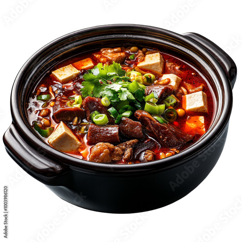 Hot pot with spicy chili broth, tofu, and sliced beef, Sichuan style, photorealistic, vivid reds and browns, isolated on white background. 