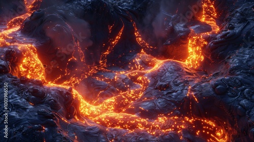 A vivid image of glowing lava flowing among dark rocks, creating a stark contrast. The lava's fiery orange hue gradually darkens towards the edges, giving it a molten fire appearance.