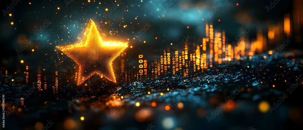Fototapeta premium A glowing star illuminates a vibrant background of lights and patterns, evoking a sense of wonder and inspiration.