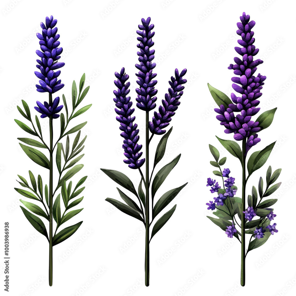 Purple lavender stems with delicate green leaves, aromatic herb element, watercolor art, soft purples and greens, isolated on white background. 