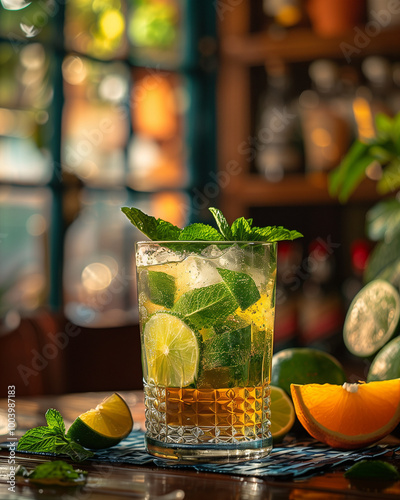 A glass of mint and lime drink sits on a wooden table