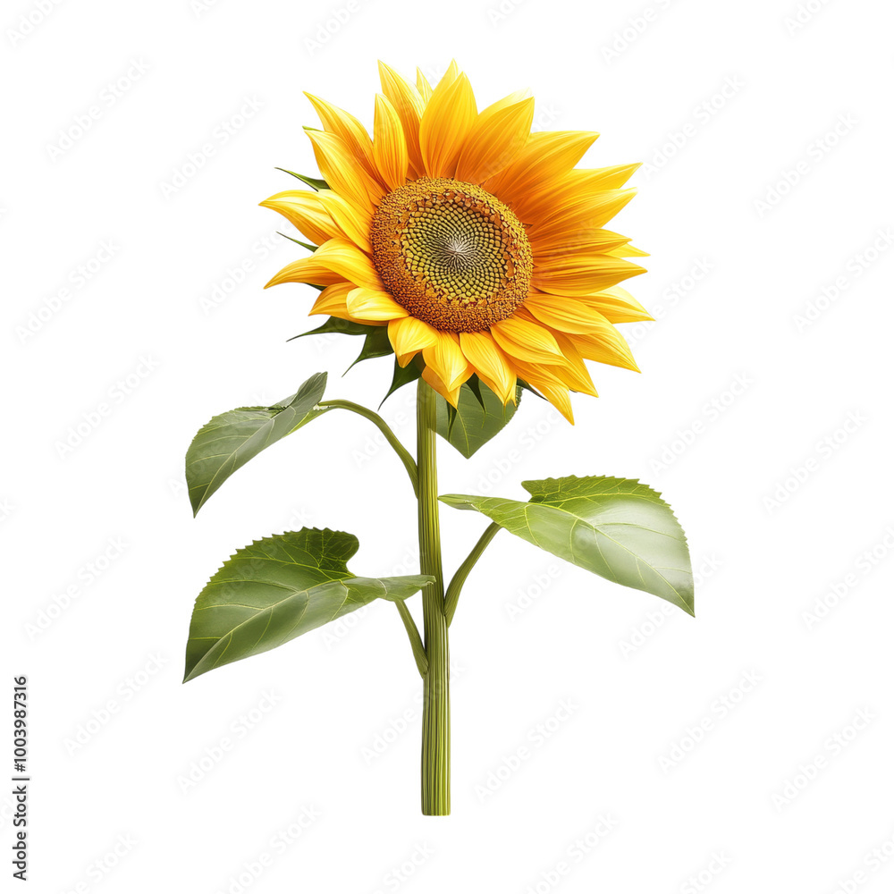 Fototapeta premium Sunflower with large green leaves, summer bloom element, 3D digital render, vibrant yellow and green hues, isolated on white background. 