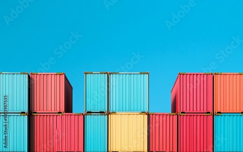 Colorful shipping containers stacked against a bright blue sky, symbolizing global trade and logistics.