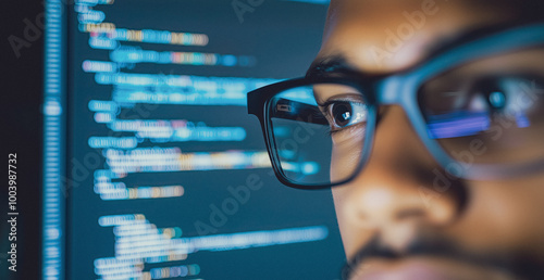 Software engineer, it specialist looking at computer screen, AI generated