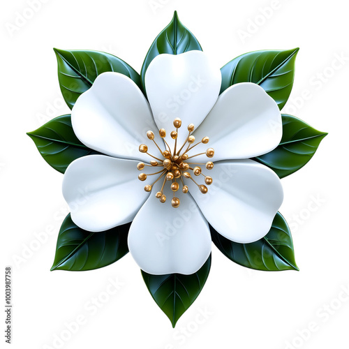 White jasmine flower with glossy green leaves, fragrant bloom element, 3D digital art, delicate whites and dark greens, isolated on white background.  photo