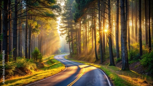 Winding road in forest at dawn