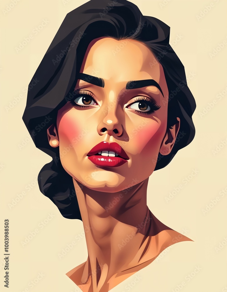 A bold and glamorous digital illustration of a woman with glossy lips, defined features, and intense gaze, emphasizing elegance and beauty..