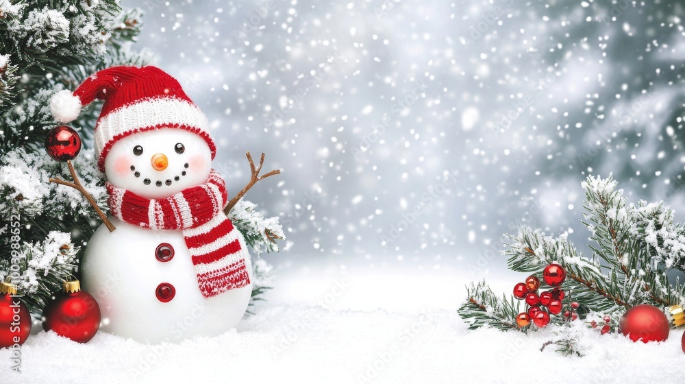 Snowman with a red and white striped scarf in a festive banner design Snowman with a red and white striped scarf in a festive banner design