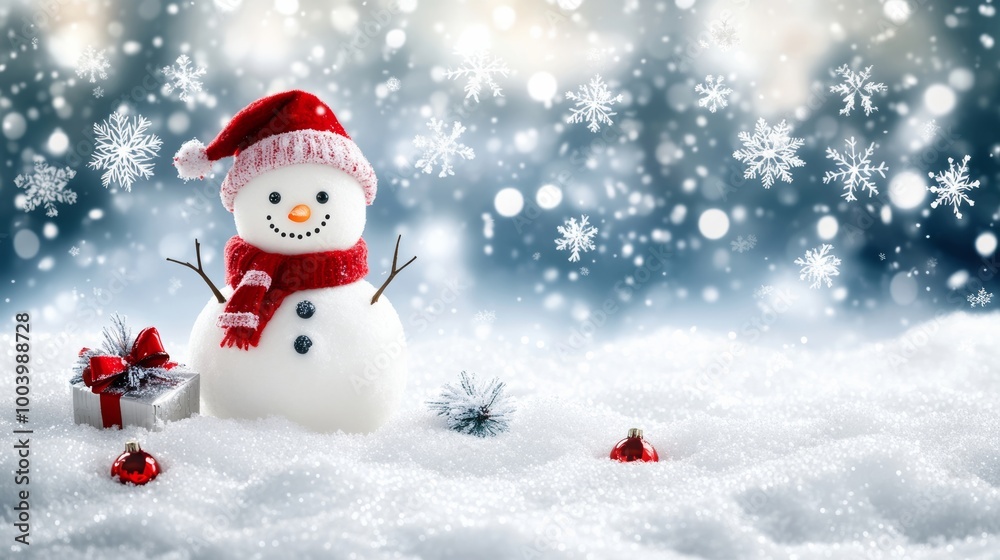 Snowy wonderland with a happy snowman in a festive banner design Snowy wonderland with a happy snowman in a festive banner design