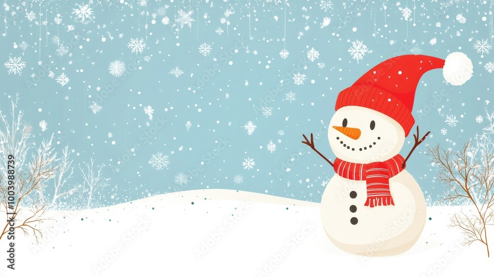 Snowflakes and twinkling stars surrounding a snowman in a Christmas banner Snowflakes and twinkling stars surrounding a snowman in a Christmas banner