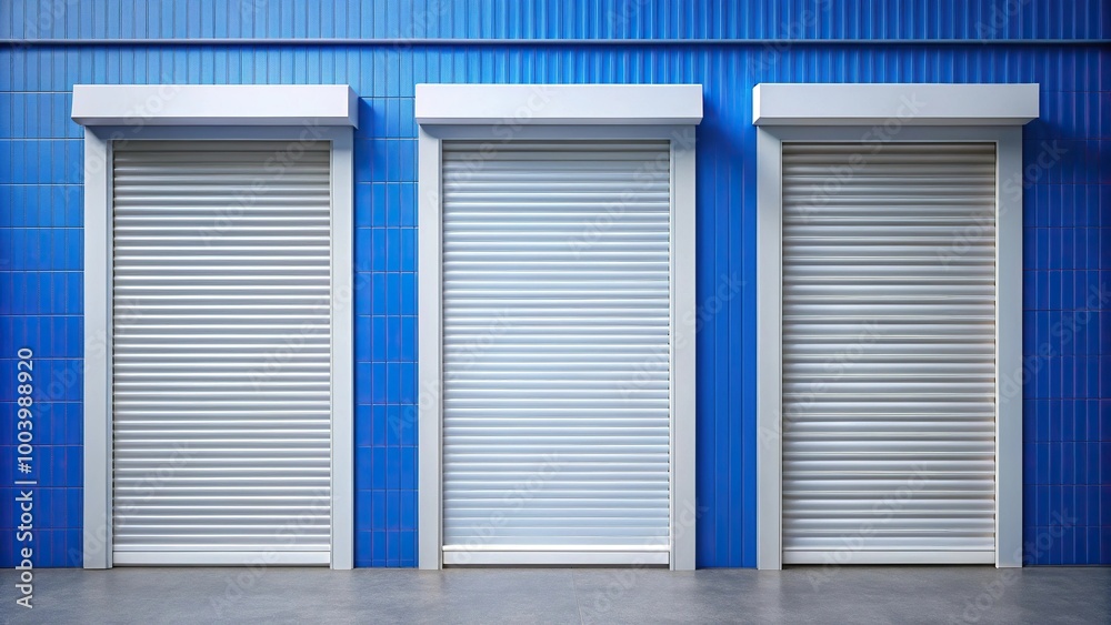 Fototapeta premium Window roller shutters of different sizes on blue background