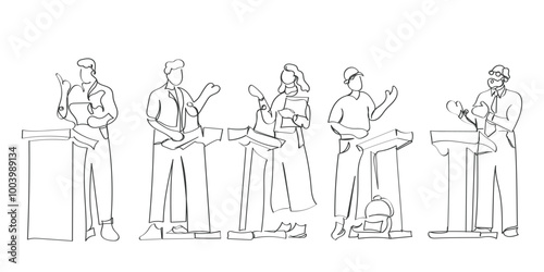 hand drawn line art vector of debate competition. Debate concept art. Arguments and speech concept art.Hand drawn line art vector of people debating. Debates and talks concept.Political debate and cam