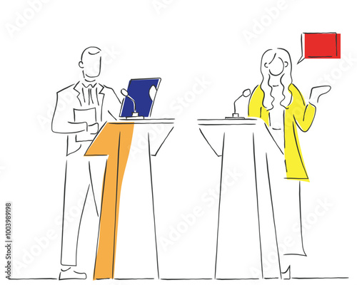 hand drawn line art vector of debate competition. Debate concept art. Arguments and speech concept art.Hand drawn line art vector of people debating. Debates and talks concept.Political debate and cam