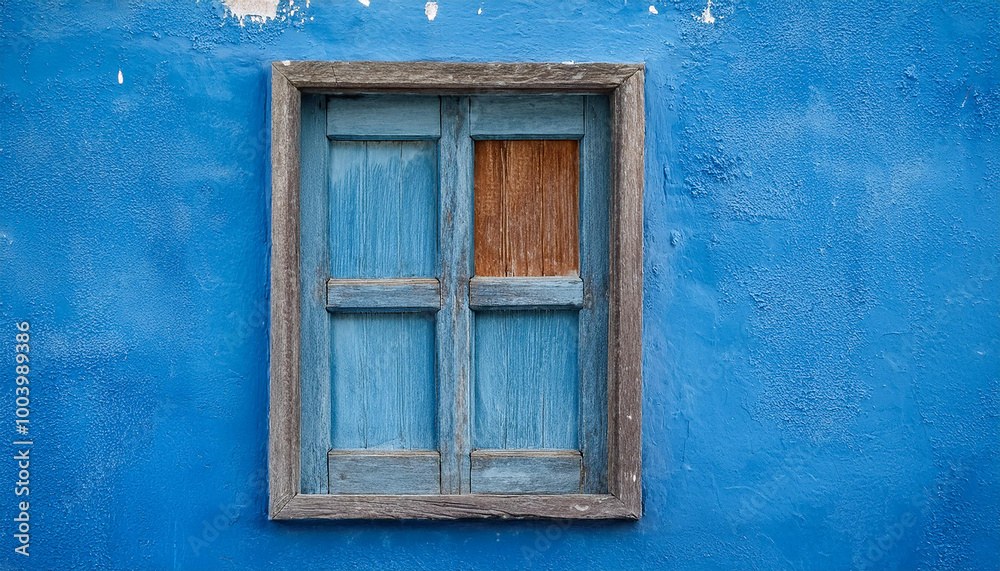 Rustic window with weathered wooden frame, rough blue cement wall. Natural wood. Close-up. Rustic window with weathered wooden frame, rough blue cement wall. Natural wood. Close-up.