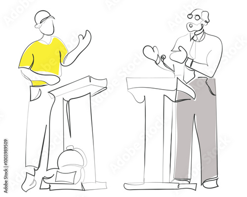 hand drawn line art vector of debate competition. Debate concept art. Arguments and speech concept art.Hand drawn line art vector of people debating. Debates and talks concept.Political debate and cam