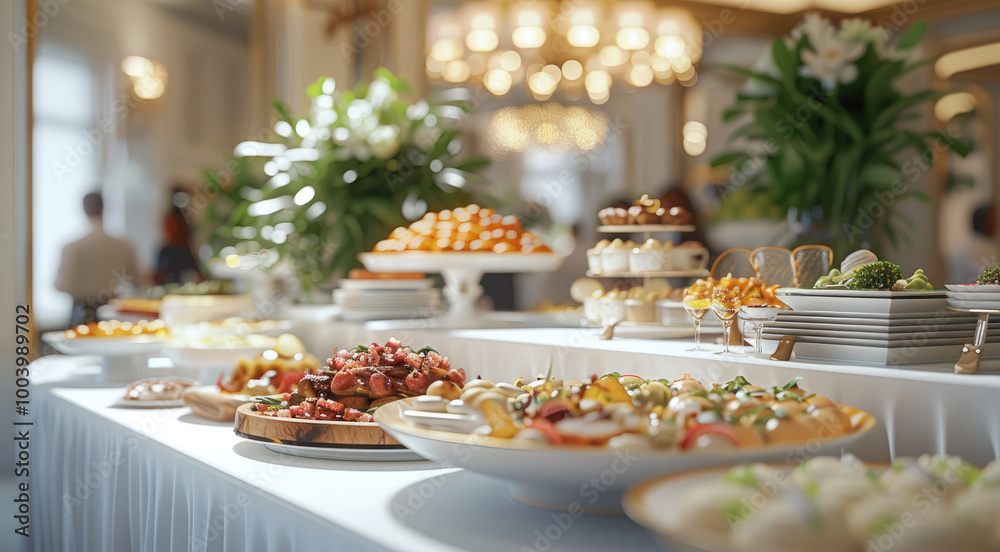 A professional, elegant catering setup with a large buffet table featuring gourmet dishes, beautifully arranged in a luxurious event space. decorated with fresh flowers and stylish tableware.
