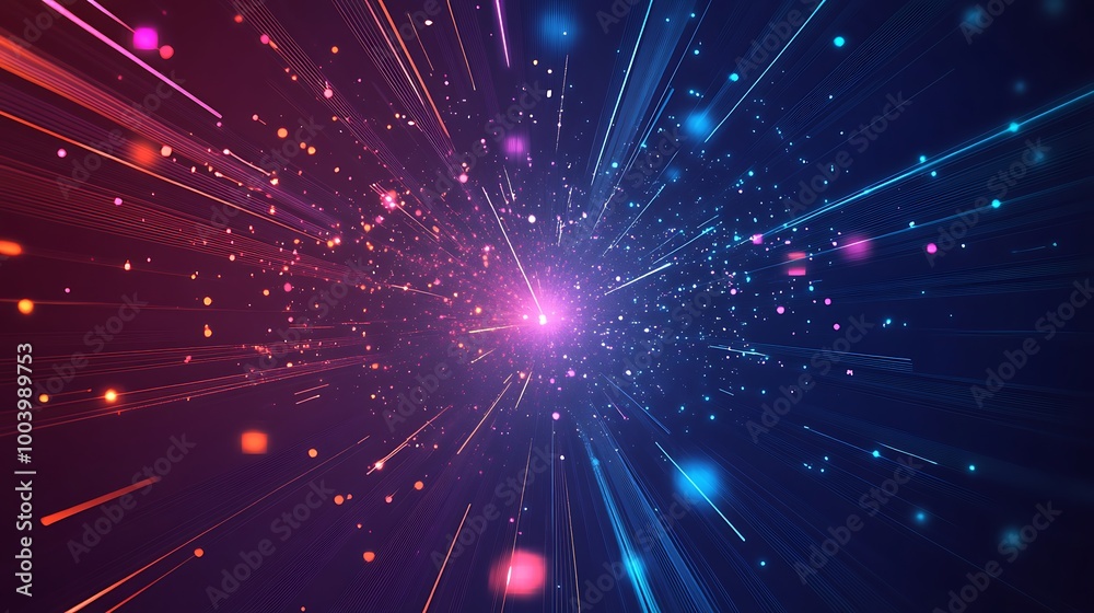 Fototapeta premium Abstract background with glowing light streaks and particles radiating from the center.