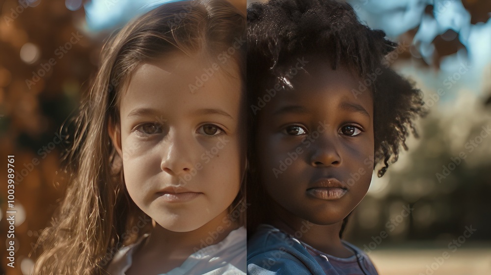 A split-view of two children of different races playing together in one scene, and facing exclusion in another, illustrating the impacts of racial bias. A split-view of two children of different races playing together in one scene, and facing exclusion in another, illustrating the impacts of racial bias.