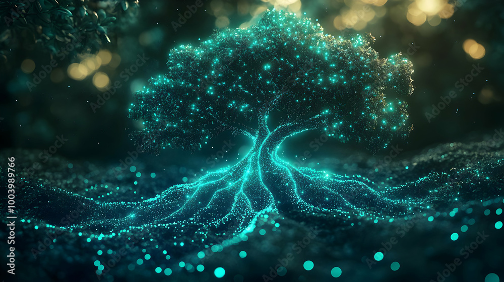 A glowing tree with luminous roots and branches, set in a mystical atmosphere, showcasing nature's beauty. A glowing tree with luminous roots and branches, set in a mystical atmosphere, showcasing nature's beauty.