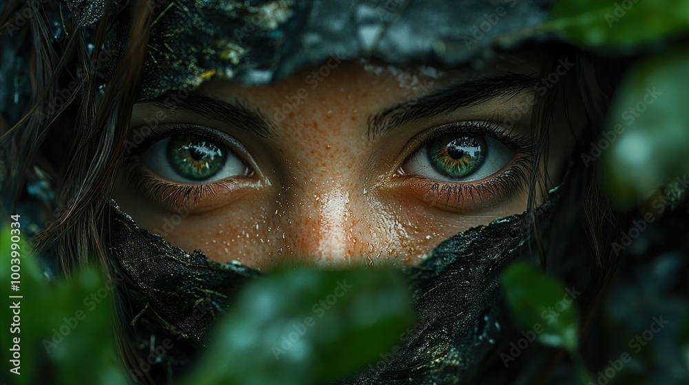 Intense Gaze Through the Leaves: A Close-Up Portrait