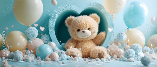 A cute teddy bear surrounded by pastel balloons in a charming celebration setting. photo