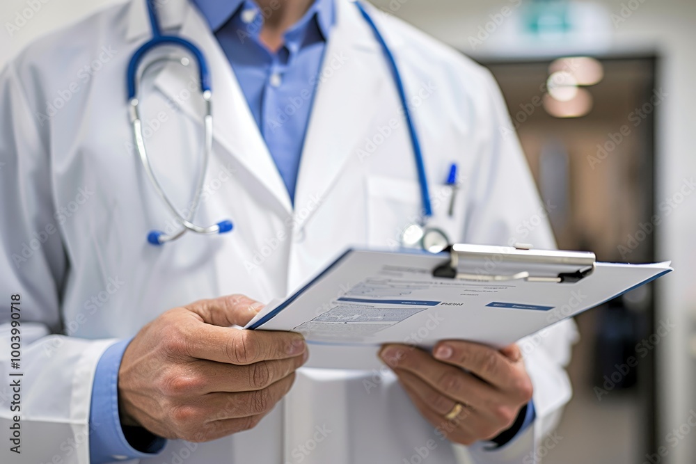 Doctor reviewing medical chart in hospital hallway on Labor Day, healthcare professional on call. Doctor reviewing medical chart in hospital hallway on Labor Day, healthcare professional on call.