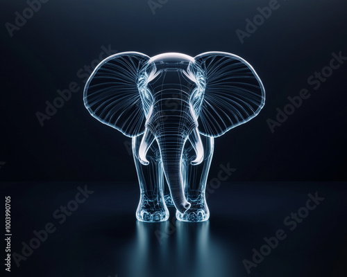 A stunning 3D representation of an elephant, designed with intricate wireframe details, set against a dark background. A unique blend of nature and technology.