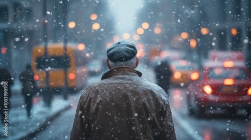 Elderly man wearing a cap and winter coat walking down snowy city street, snowflakes falling, cold weather, urban life, senior citizen, winter evening lights, downtown