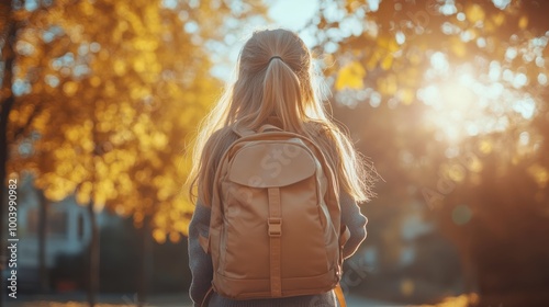 Young girl with blonde hair and backpack walking through sunny autumn park, golden leaves, sunlight, peaceful outdoor scene, childhood, nature, carefree, warm fall day, tranquility, nature stroll