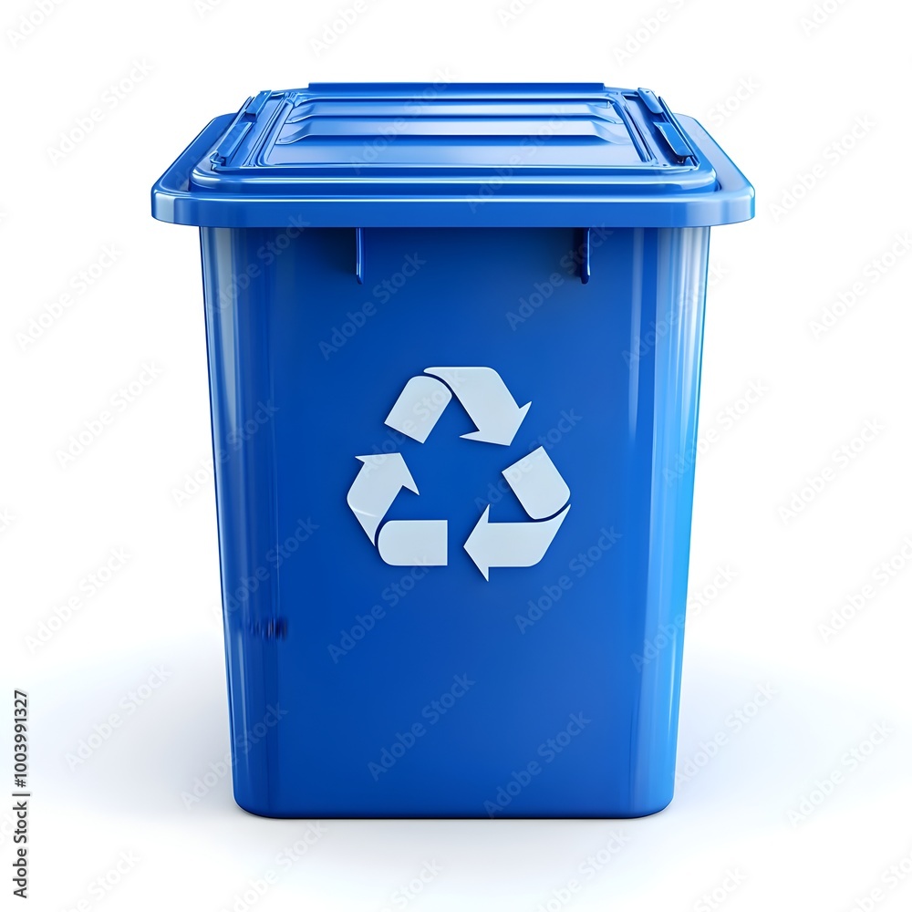 Blue Recycling Bin with Recycle Icon on White Background Blue Recycling Bin with Recycle Icon on White Background
