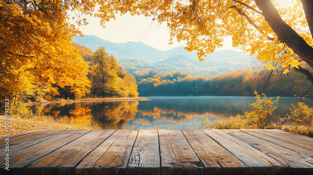Aesthetic autumn lake surrounded by vibrant fall trees, wooden table for product placement. Generative AI Aesthetic autumn lake surrounded by vibrant fall trees, wooden table for product placement. Generative AI