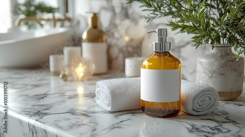 Stylish bathroom setting with amber glass bottle, towels, and decorative elements on a marble countertop.