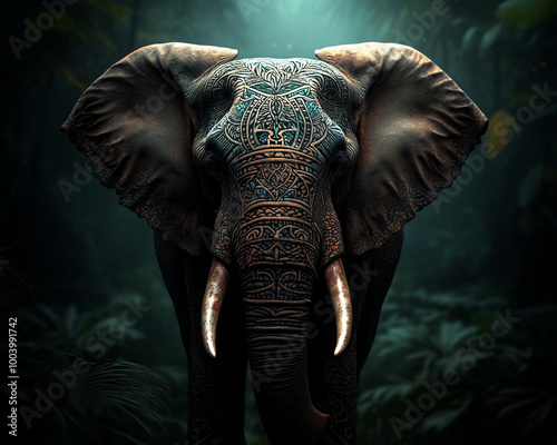 Majestic elephant with intricate patterns, showcasing its grandeur in a lush green jungle. Stunning details highlight its textured skin and impressive tusks.