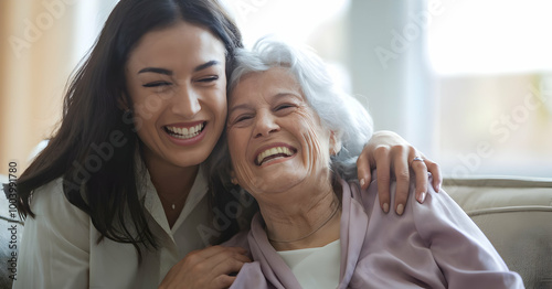 Happy Senior Woman and Young Granddaughter Laughing Together, Family Bonding and Generational Connection