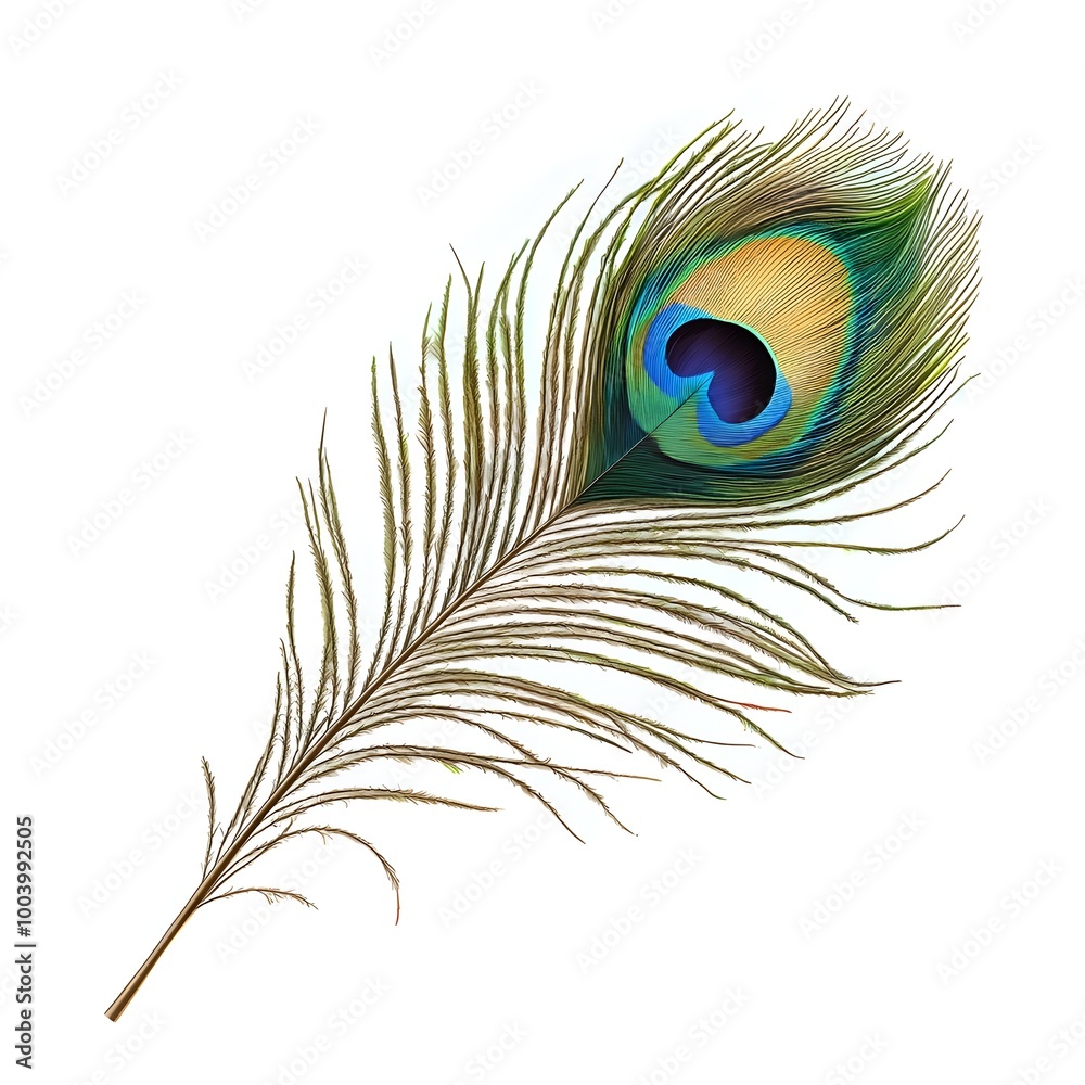 Obraz premium Detailed Peacock Feather with Vibrant Eye Pattern on White Background
