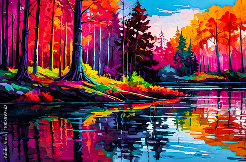 impressionist lake scene with vibrant neon-colored trees lining the shore watercolor vector painting art illustration. 