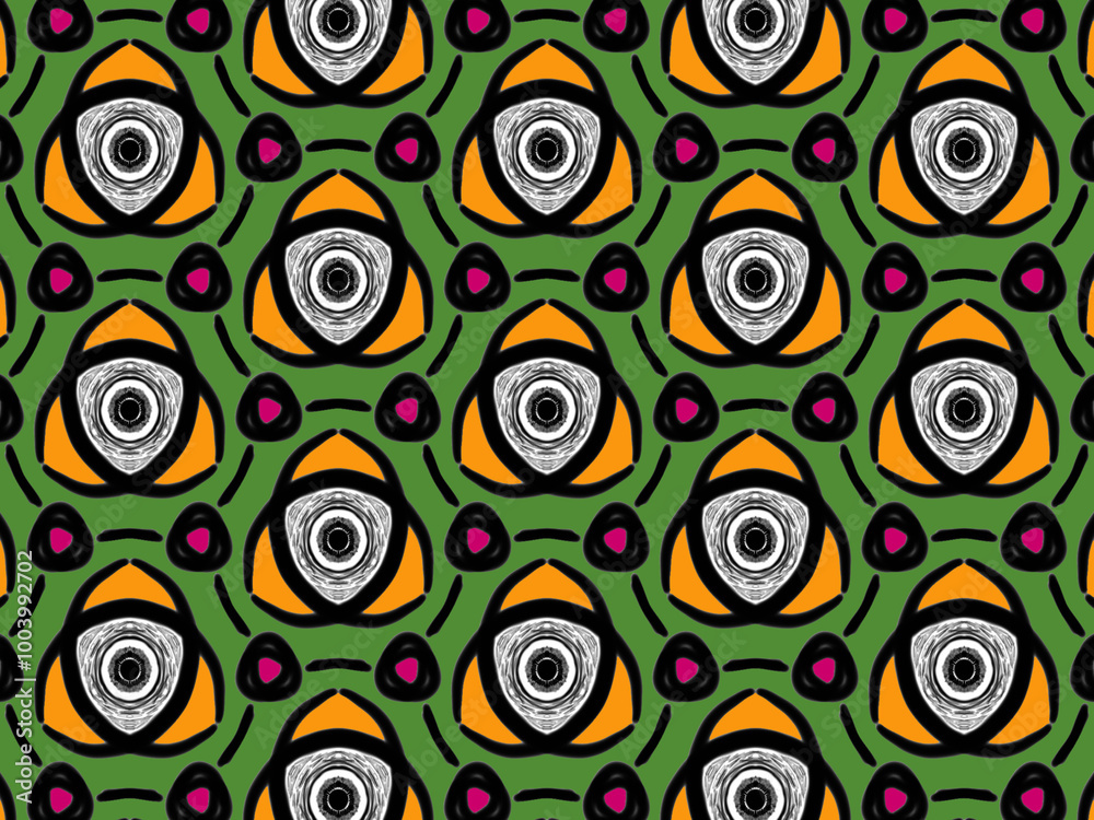 Fototapeta premium This vibrant and exotic fabric pattern features a bold design of stylized eyes in black, white, and orange, set against lively green background. The eye-catching motif is surrounded by abstract shape.