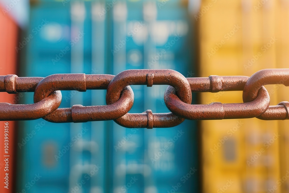 A broken chain blocking a shipping container, symbolizing trade barriers, trade barrier, international commerce restriction A broken chain blocking a shipping container, symbolizing trade barriers, trade barrier, international commerce restriction