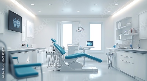 Modern Dentist Office Equipment and  Examination Room with Window Light.