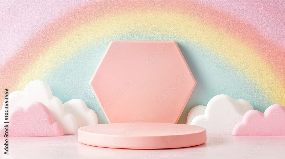Fototapeta premium Vibrant Pink Hexagonal Ceramic Podium Set Against a Fun Pastel Rainbow Background