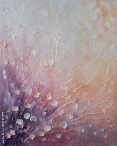 Abstract oil painting with lines and spots of purple, pink and peach colors