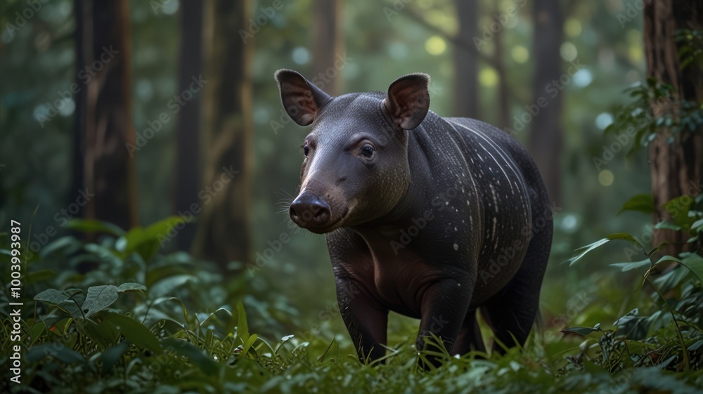 Fototapeta premium realistic illustration of a tapir in the forest, tapir is an endangered animal
