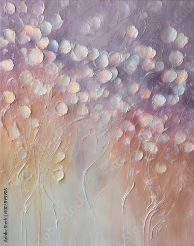 Abstract oil painting with lines and spots of purple, pink and peach colors