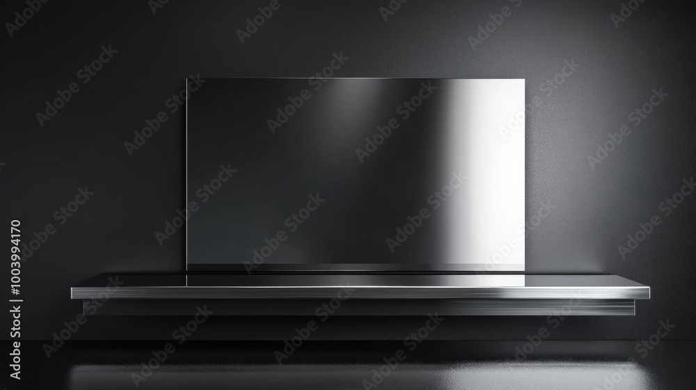 Modern silver rectangular mirror podium on black background with futuristic Christmas design Modern silver rectangular mirror podium on black background with futuristic Christmas design