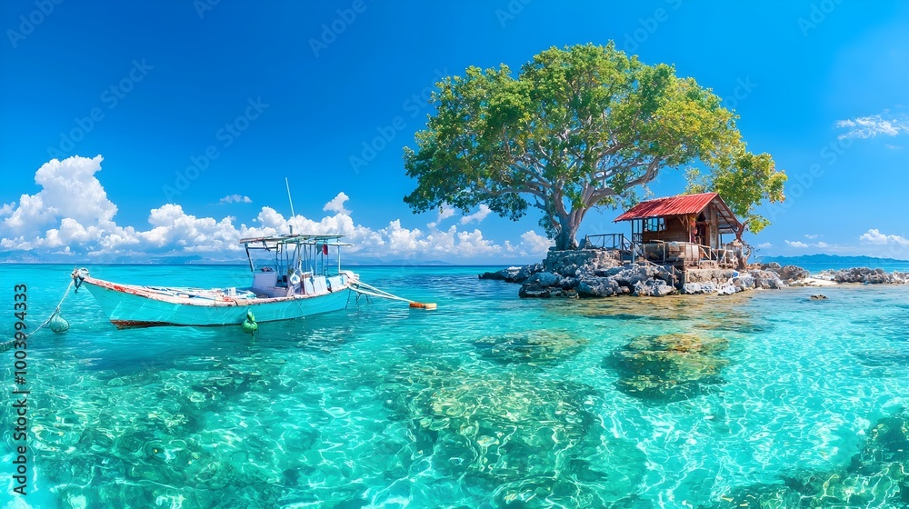 Fototapeta premium Stunning panoramic view of a picturesque tropical island with crystal clear turquoise waters white sandy beaches and lush green foliage
