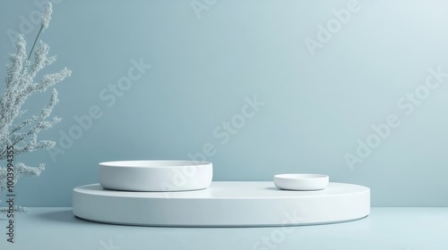 Empty oval ceramic podium with minimalist Scandinavian design on a pastel blue background