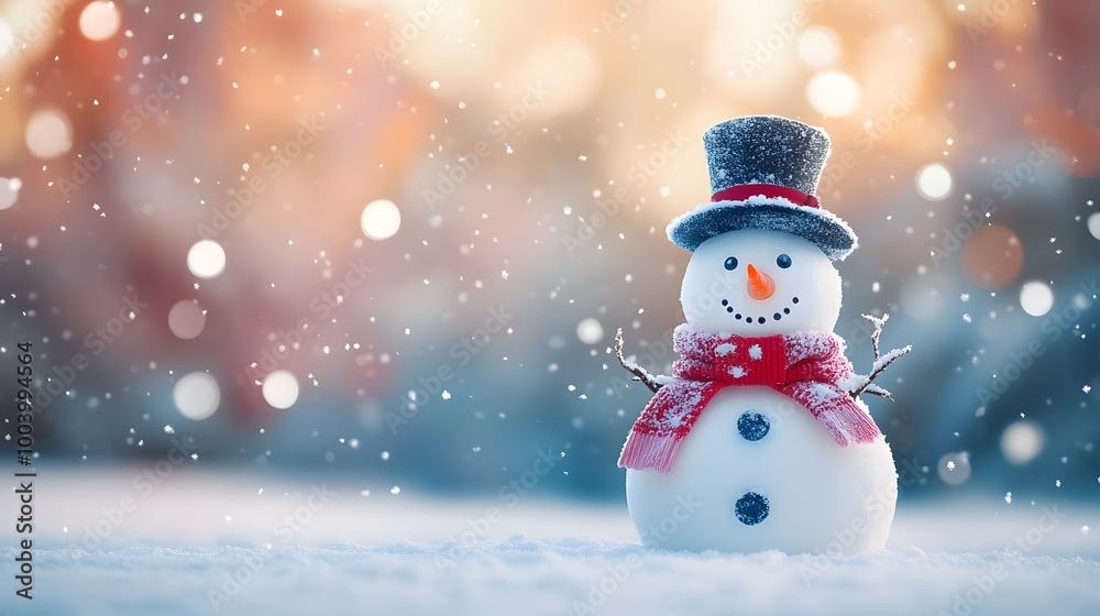Snowman with Black Top Hat and Red Scarf in Snowy Landscape Snowman with Black Top Hat and Red Scarf in Snowy Landscape