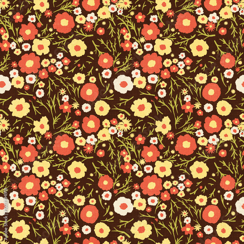 A vibrant floral background in the retro hippie style of the 70s, a seamless floral boho pattern, red, yellow and orange flowers on a brown textured background